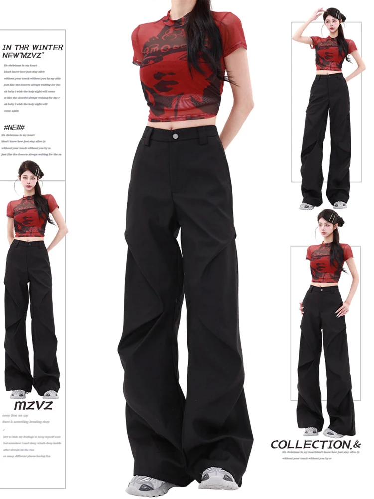 

WCFCX STUDIO Fashion High Waist Wide Leg Pants Women Spring Summer New Baggy Niche Design Casual Trouser Straight Suit Pants