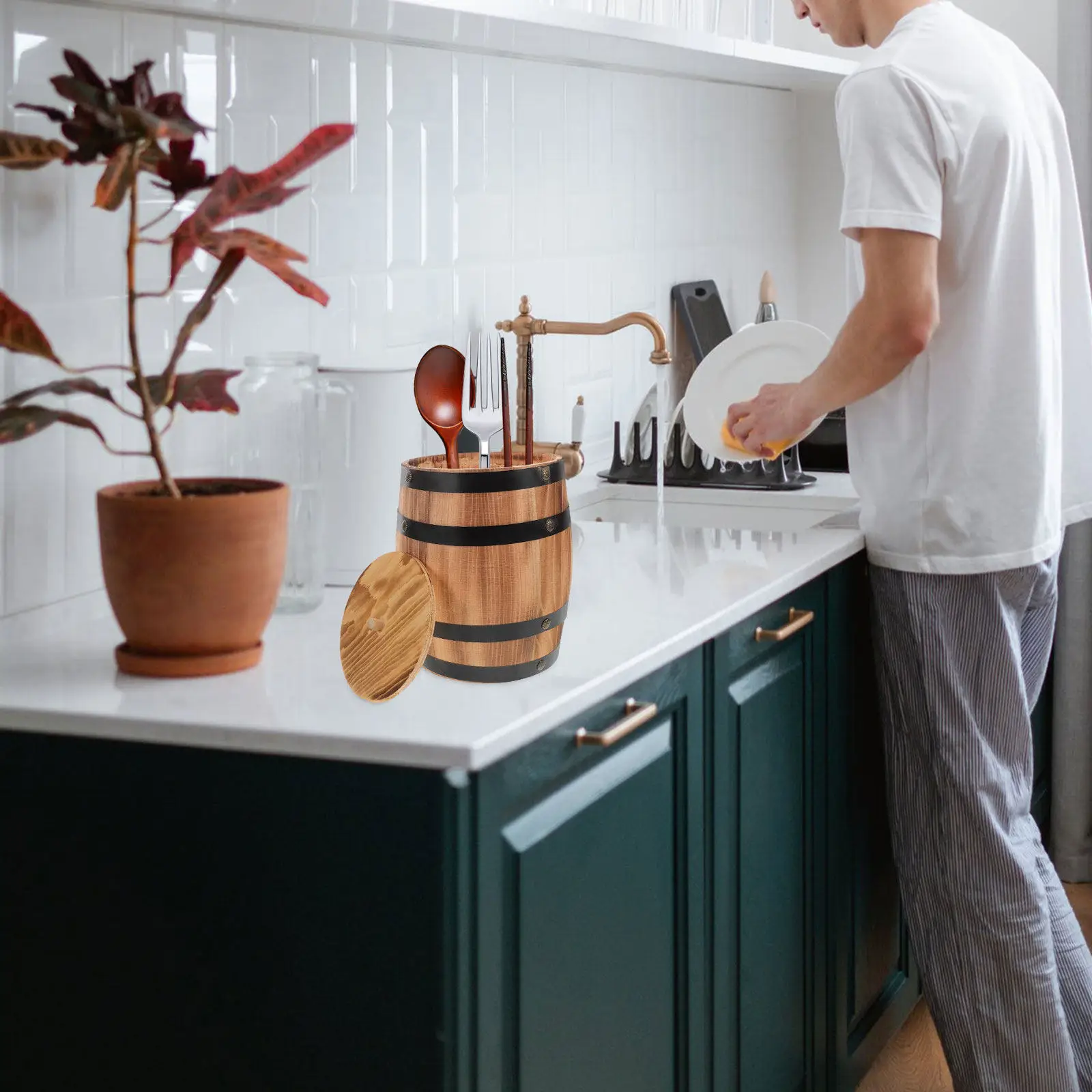 

Деревянная подставка для столовых приборов в винтажном стиле, из карбонизированного дерева, компактный контейнер для хранения кухонных приборов, ложек, палочек для еды