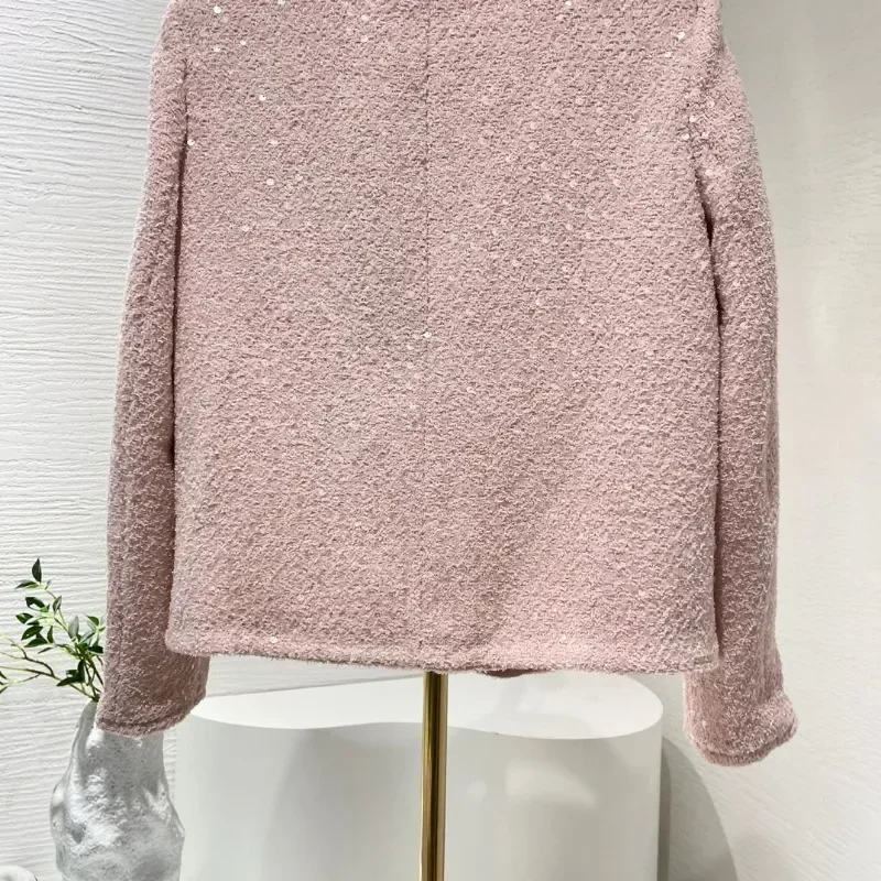 Giacca da donna in tweed con collo rotondo e bottoni in argento scintillante rosa da donna da ufficio nuovi arrivi 2024