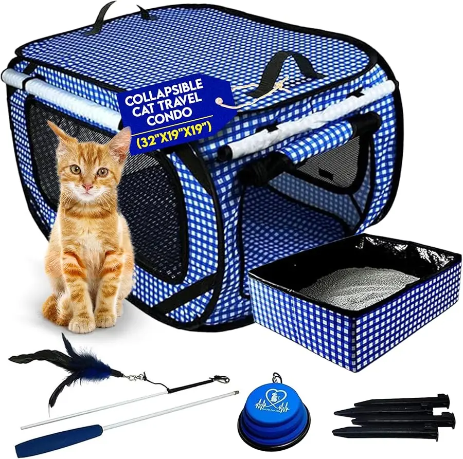 

Extra Large Cat Carrier for Tra el - Foldable & Portable Collapsible Kennel with Litter Box, Feather Toy & Water/Food Bowl - Ide
