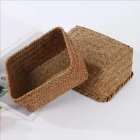 Handmade Woven Storage Baskets Natural Straw Desktop Storage Box Rectangle Sundries Organizer Cosmetic Container Organization