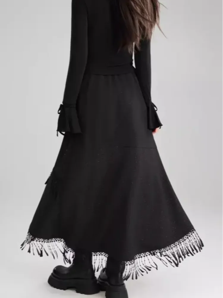 2025 Women's Gothic Fringe Asymmetric Midi Skirt - Sparkle Black A-Line Skirt, Y2K Edgy Sweet Streetwear for Autumn Winter