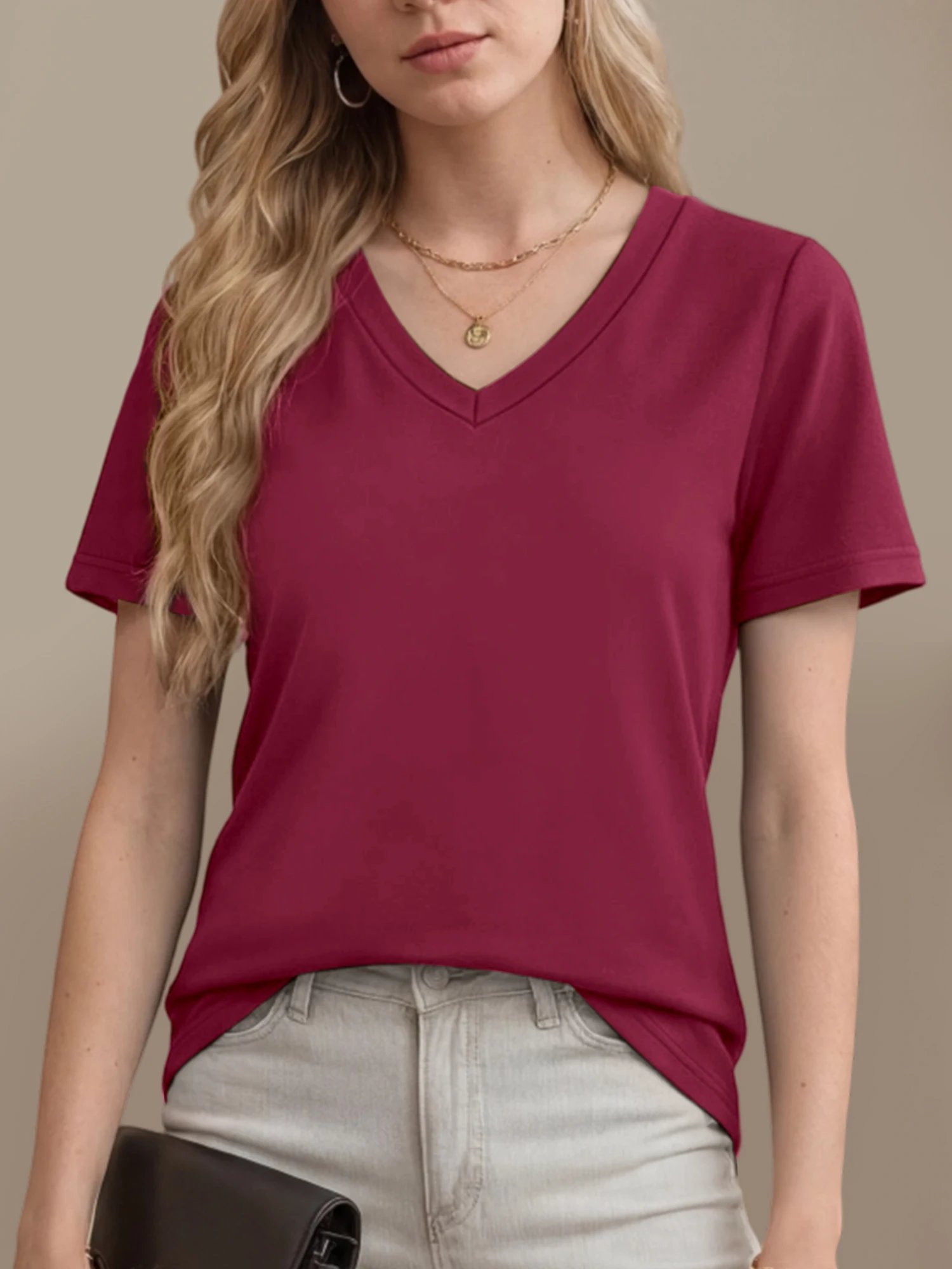 Spring Summer Travel Ready V-Neck T-Shirt, Relaxed Short Sleeve Blouse for Road Trips & Town Sightseeing