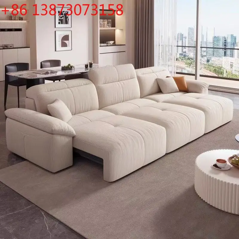 

Modern simple fabric sofa bed solid wood living room telescopic function size apartment chenille cream function sofa