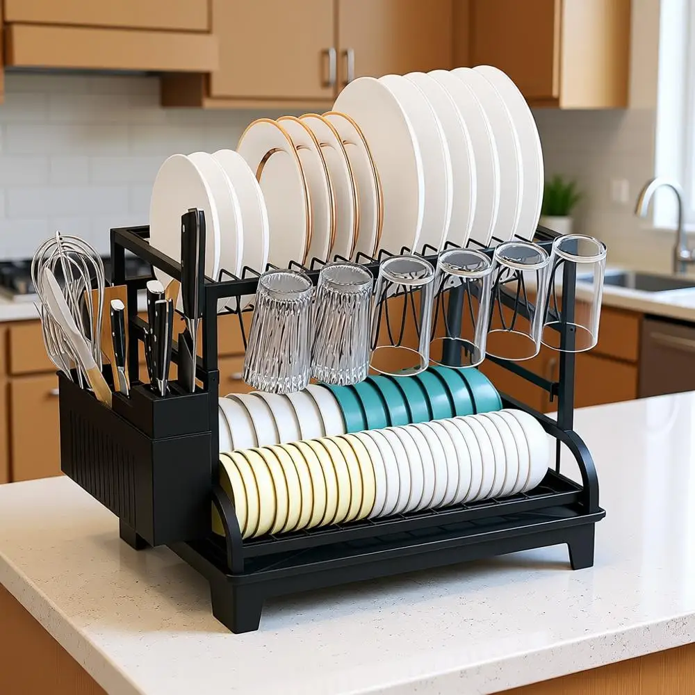 

2-Tier Foldable Dish Drying Rack with Drainboard, Stainless Steel Kitchen Counter Organizer with Cup Holder, Utensil & Cutting B