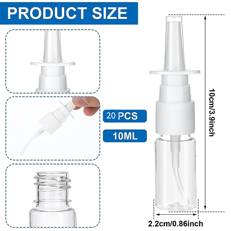 20Pcs Nasal Spray Bottle Clear Small Empty Nose Spray Bottle Reusable Fine Mist Sprayers For Travel 10ML