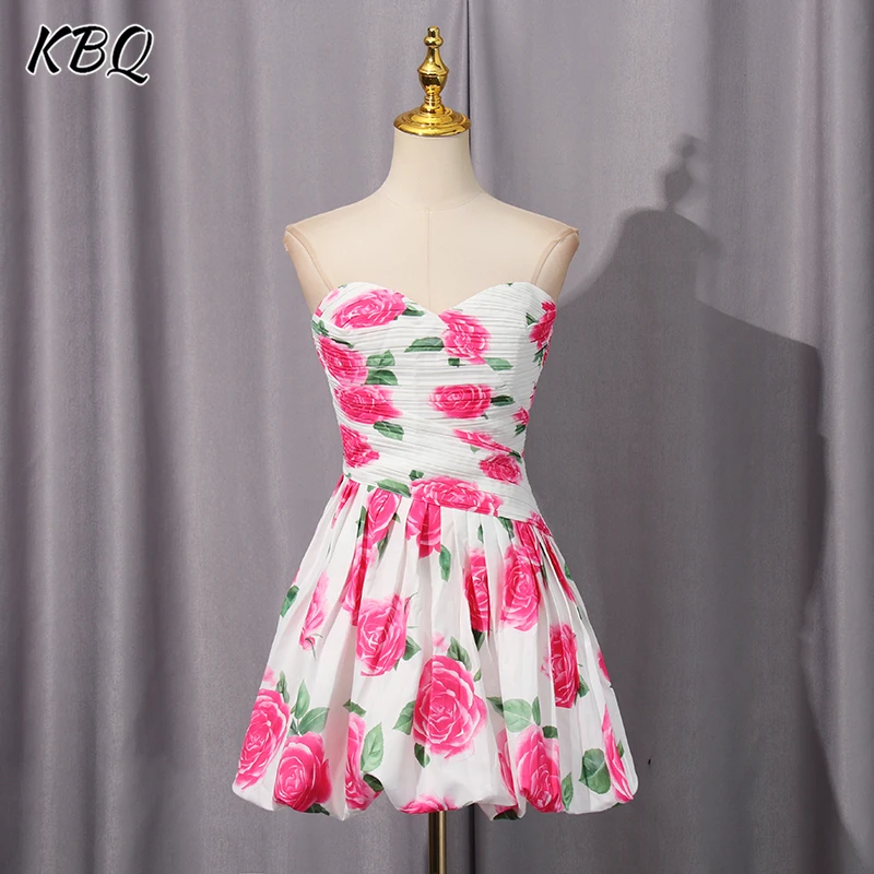 

KBQ Hit color Printing Slimming Mini Dresses For Women Strapless Sleeveless High Waist Summer Elegant Dress Female Fashion New