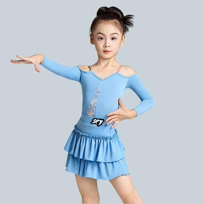 

Blue Latin Dance Costume For Girls Practice Wear Off Shoulder Long Sleeve Bodysuit Blue Skirt Cha Cha Rumba Training Suit 4634