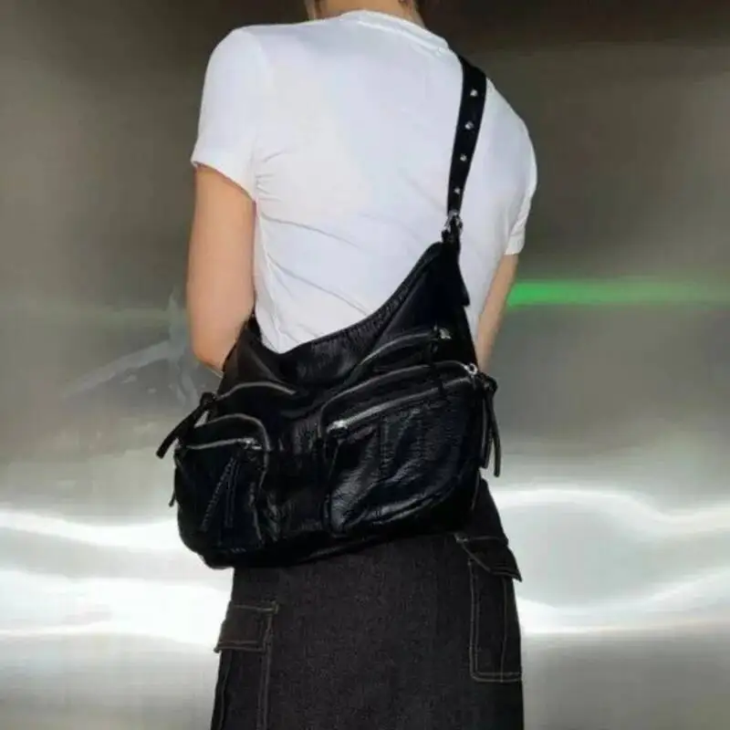 Retro Black Textured Tote Women Leather Large Capacity Multi Pocket Shoulder Ladies Hot Girl Punk Y2k Crossbody Bag 2025