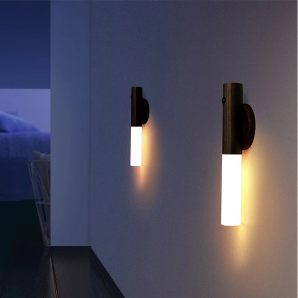 Veilleuse LED USB sans fil avec détecteur de mouvement, anciers en bois, lampe murale chaude, magnétique, couloir, armoire, lumière de garde-robe, décoration intérieure