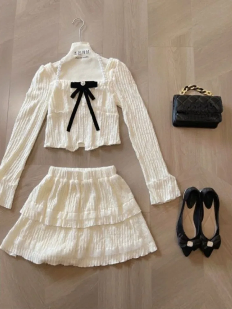 Sweet Fashion Square Collar Bow Long Sleeve Tops Women+ Y2k E-Girl High Waist Lace Ruched Skirts Spring New Two Piece Sets