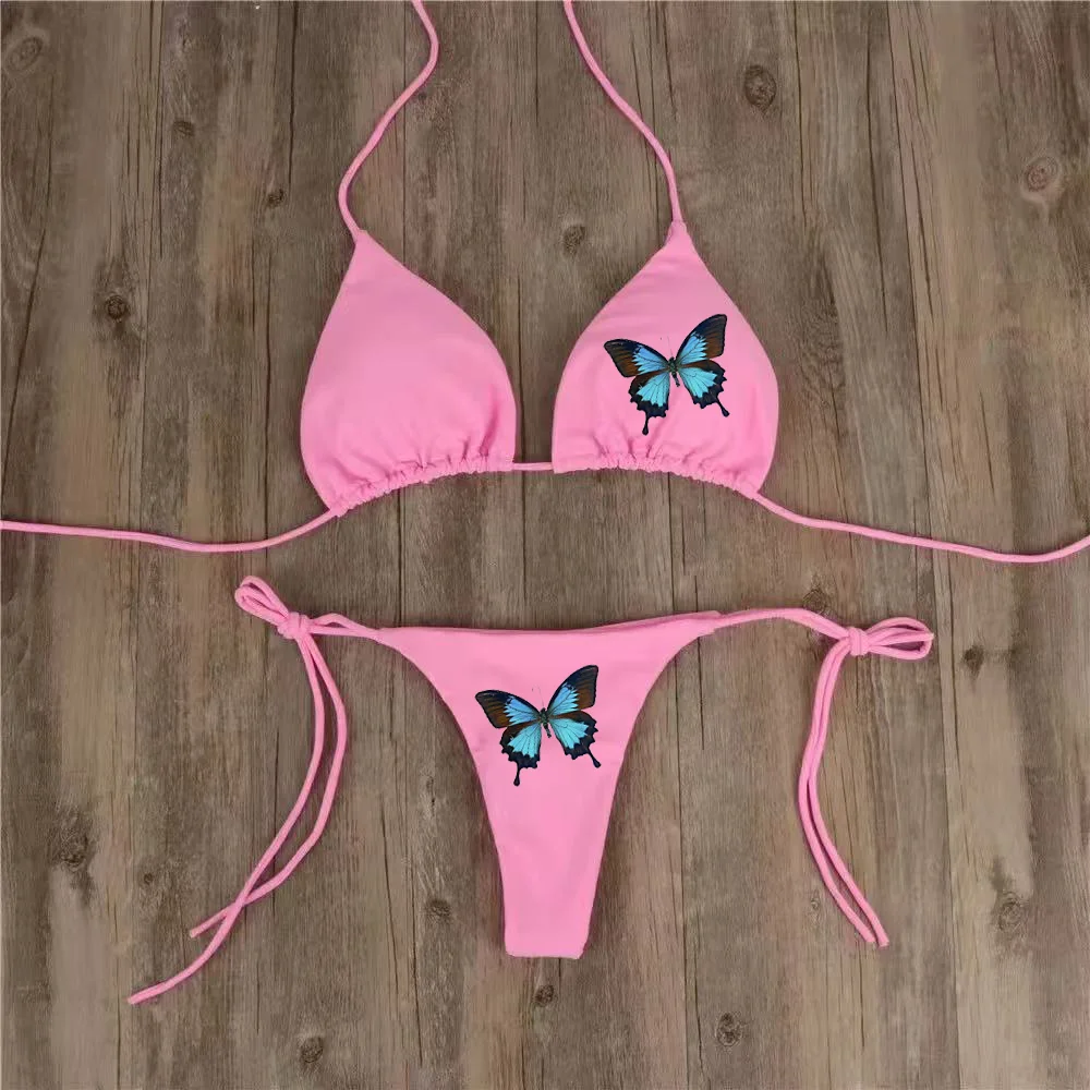 Women Sexy Halter Lace Up Two Piece Swimsuit Holiday Beach Tankini Push Up Bikini Set Solid Bathing Suit Triangle Thong Swimwear