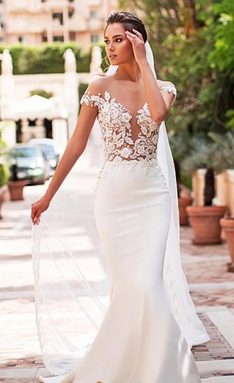 Meerjungfrau Hochzeit Kleid Elegante Robe De Marie Satin Flügelärmeln Vestido De Noiva Spitze Braut Kleider Sheer Tasten Zurück Weiß