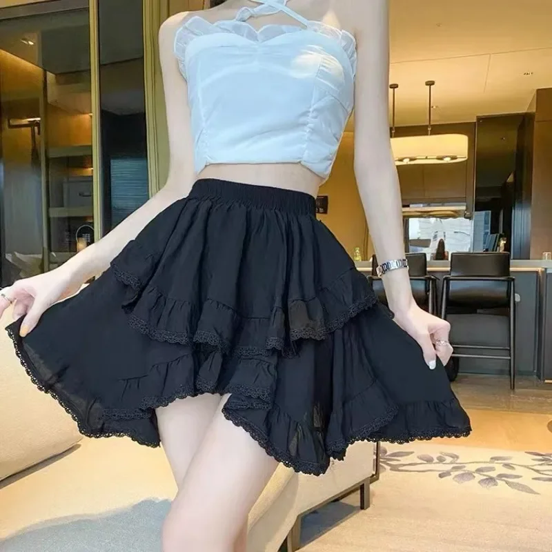 White Irregular Y2k Ruffles Folds Mini Skirt Girl High Waist A Line Lace Mesh Skirt Cake Sweet Hot Short Black Skirt