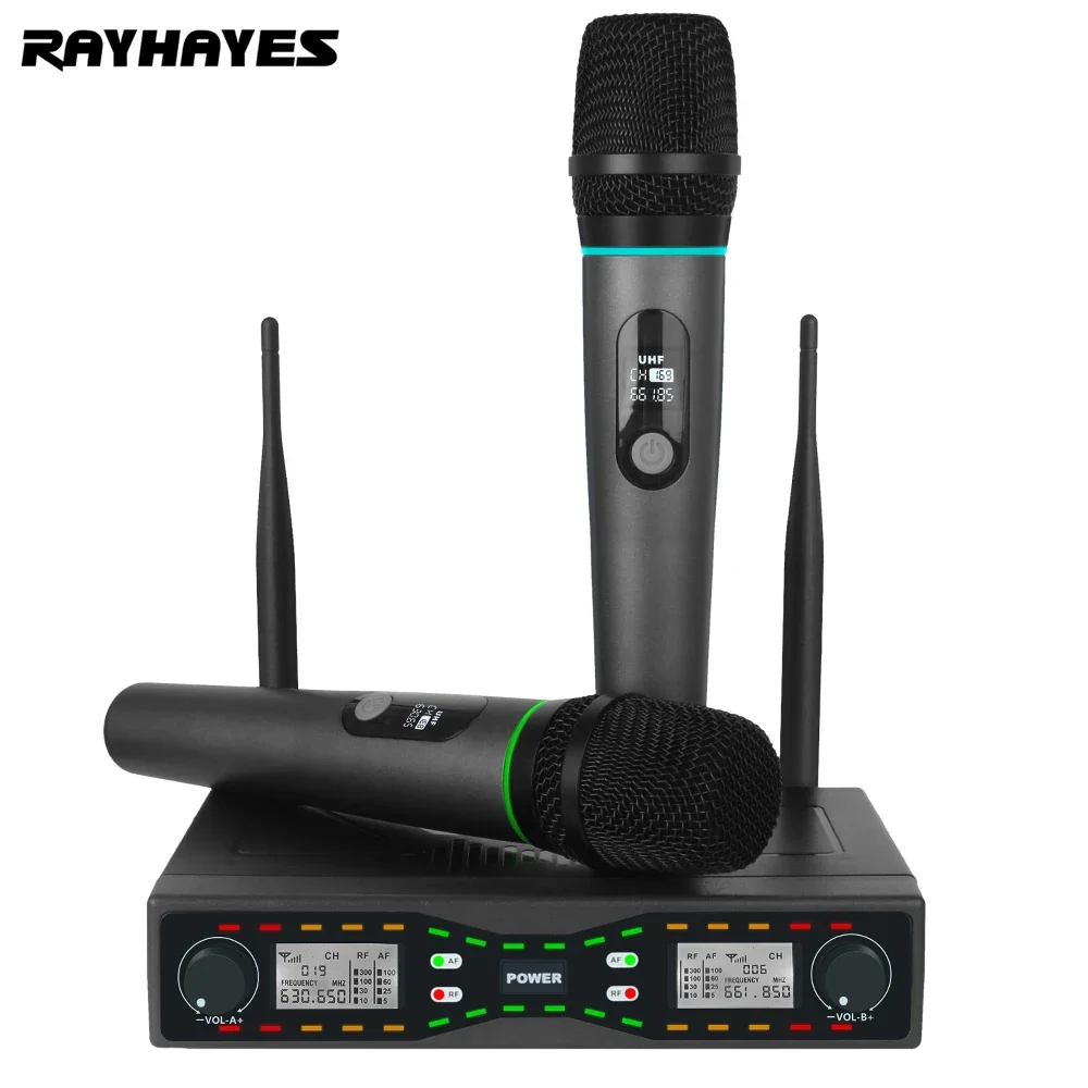 RAYHAYES RU Series 2 Dual Channel UHF Wireless Microphone Professional Cardioid Dynamic Handheld Microphone Mic System for Kara