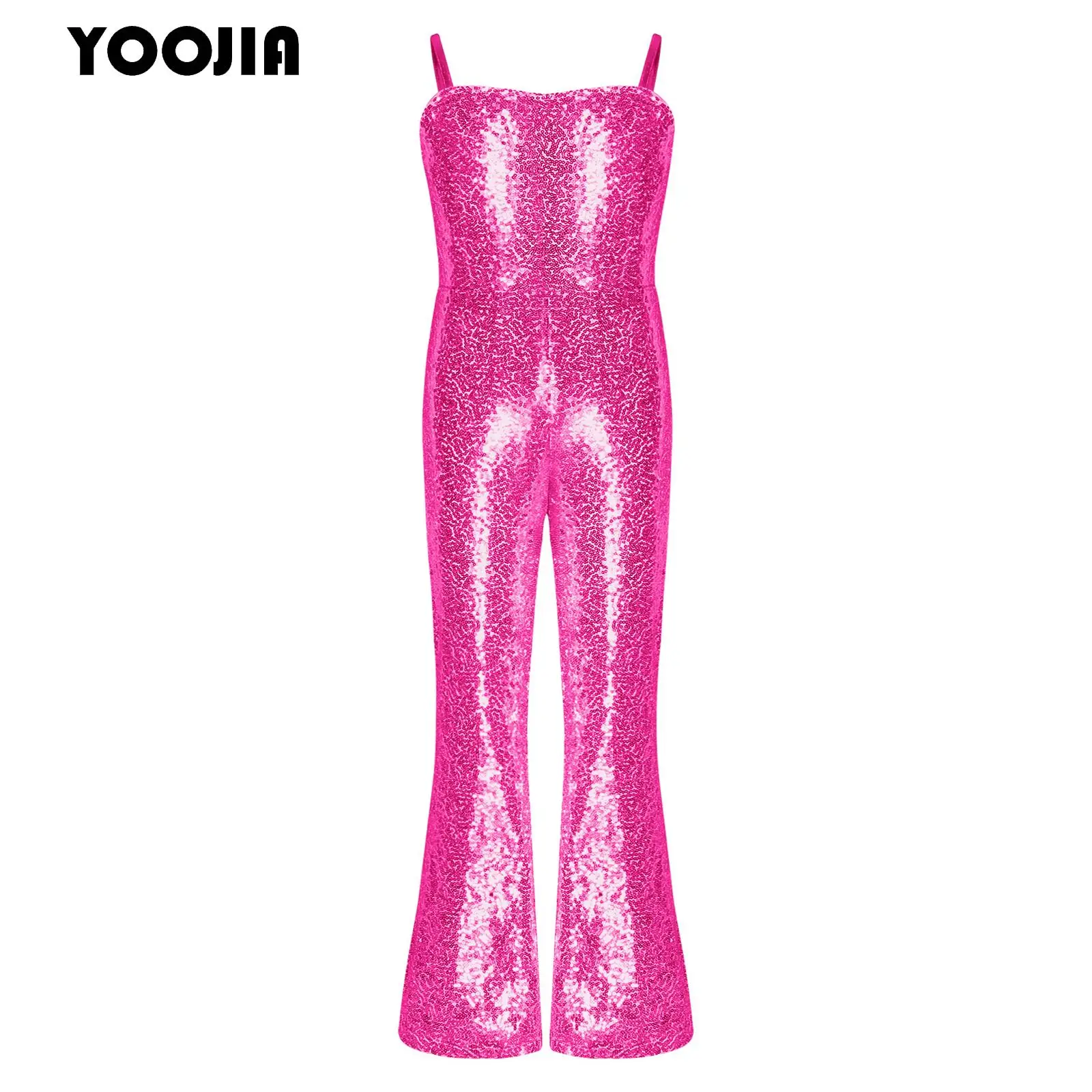 

Girls Shiny Sequin Jumpsuits Halloween Hippie Disco Costume Movie Character Cosplay Wide Leg Pants One-Piece Party Dance Outfits