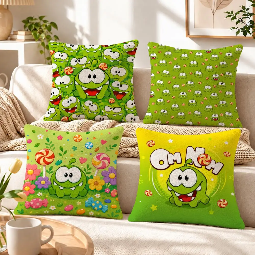 Character Om Nom Cushion Cover Soft Short‑Plush Pillowcase, Decor for Sofa & Bedroom, Perfect Holiday Gif