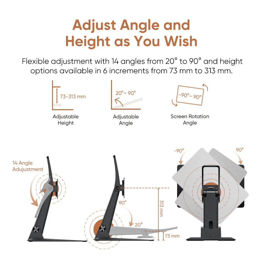 XPPen ACS15 Adjustable Stand Ergonomic Design 20-90 Degrees 14 Angle Adjustment VESA Mount 75x75 100x100 for 17-32 inch 2-10kg