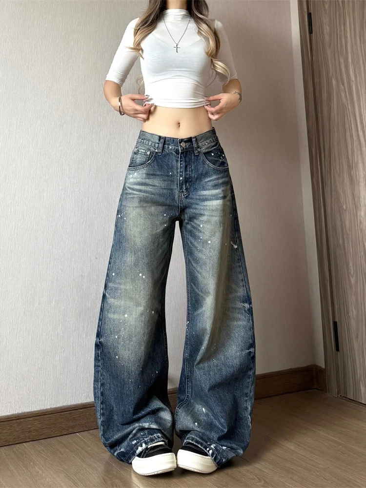 

American Retro Washed Loose Wide Leg Jeans Women's 2026 New High Street Lazy Style Knife Denim Pants Casual High Waist