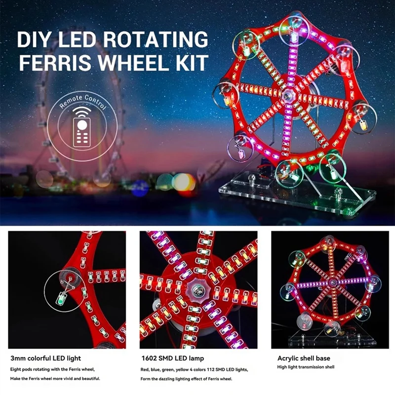 DIY Electronic Kit LED Rotating Skyscraper Wheel Flashing Soldering Project Practice Kit 10 Kinds Flashing Mode Remote