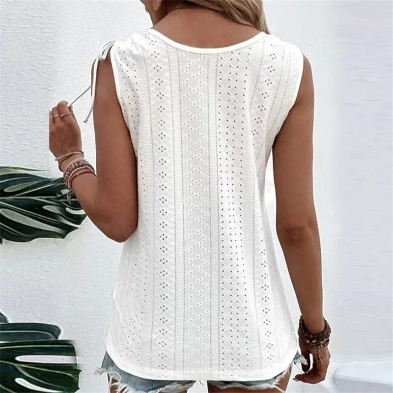 2023 New Women White Blouses Summer Tank Solid Colors Hollow Out Loose Shirts Sweet Casual Sleeveless Button Sexy Lace Up Tops