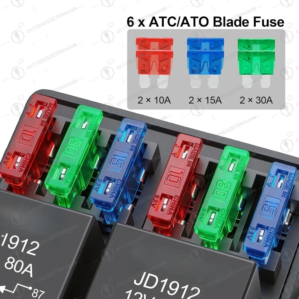 Pudełko na przekaźniki z bezpiecznikami 12V, 2 przekaźniki i 6 bezpieczników nożowych ATC/ATO, blok przekaźnikowy 4-pinowy 80A i zestaw, do samochodów ciężarowych, łodzi, jeporetek