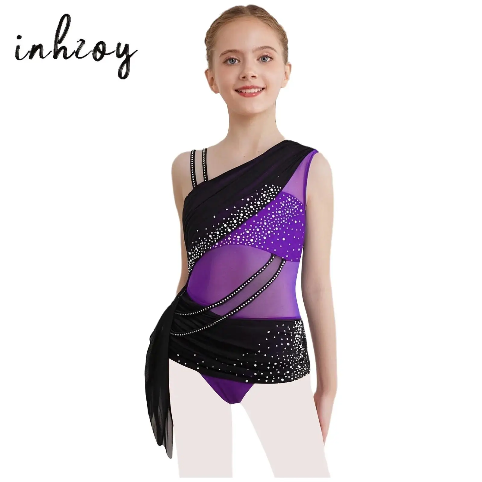 

Kids Girls Lyrical Dance Leotard Dress Asymmetrical Glittery Rhinestones Sheer Mesh Overlay Ruched Leotard Jazz Ballet Dancewear