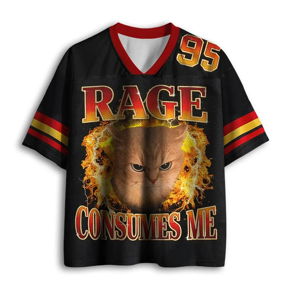 Popular V‑Neck Mesh Sports Jersey Angry Meme Cat Retro Bootleg Fire Lightning Edgy Pet Vintage Sport Graphic Short Sleeve Tops
