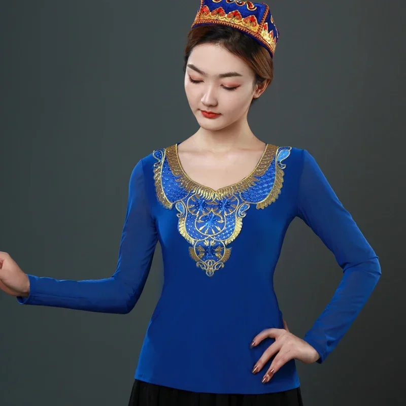 Xinjiang kleding, tops, volwassen dameskleding met lange mouwen etnische dansvoorstelling, ronde hals Oeigoerse vierkante dans 1-delig