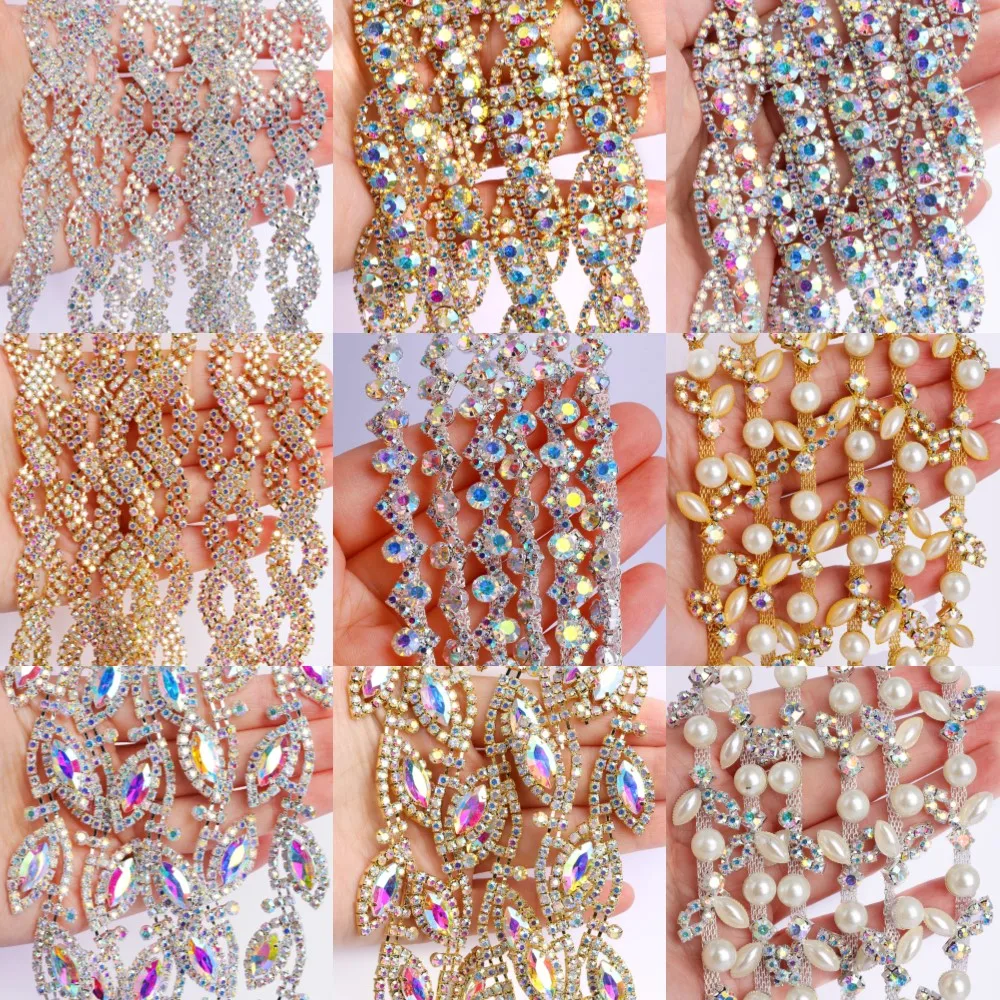 5 Yards Various Styles Glass Sew On Rhinestones Applique Trim Chain Glitter Crystal AB Rhinestones Chain DIY Sewing Accessories