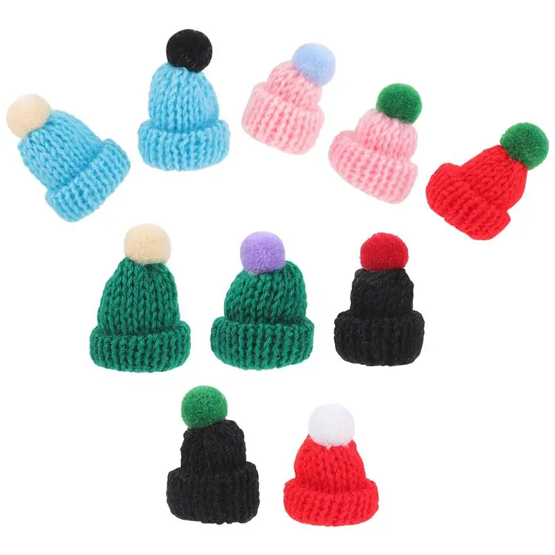 10pcs Woolen Yarn Knitting Hats Mini Christmas Hats Crochet Santa Hats Wine Bottle Dolls Snowman Hats Pompon Hats Random Color