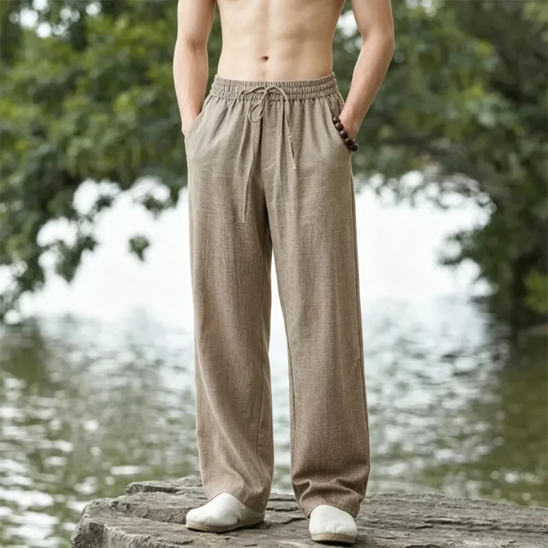 

Summer Faux Cotton Linen Chino Pants Men Wide Leg Lightweight Baggy Sweatpants Male Walking Jogger Trousers Streetwear Workwear