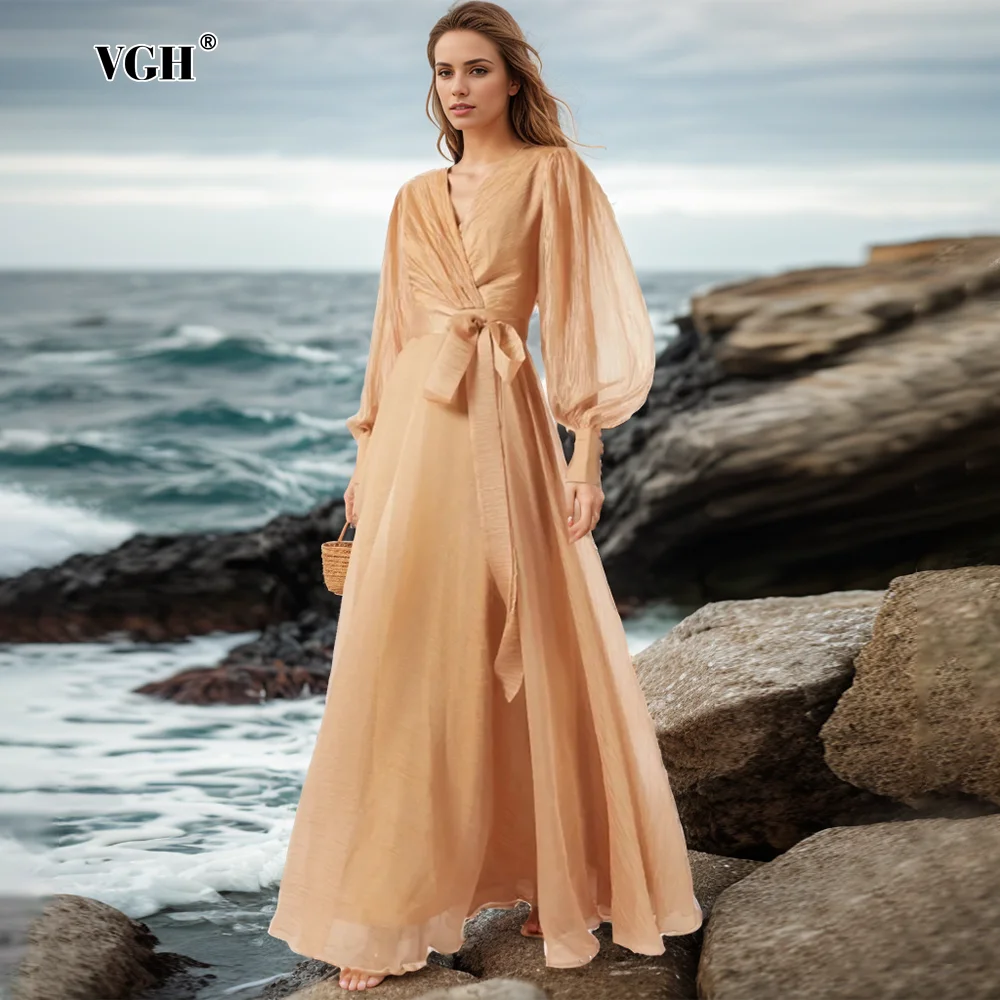 VGH Patchwork Lace Up Elegant Long Dress For Women V Neck Lantern Sleeve High Waist Spliced Folds Temperament Dresses Female New