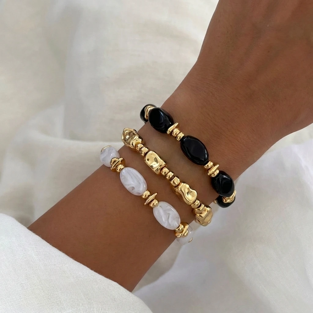 3-teiliges Set Bunte Unregelmäßige Geometrische Harz-Perlenarmbänder für Frauen Minimalistische CCB Stapelbare Elastische Armreifen Charms Party-Schmuck – Detail 4