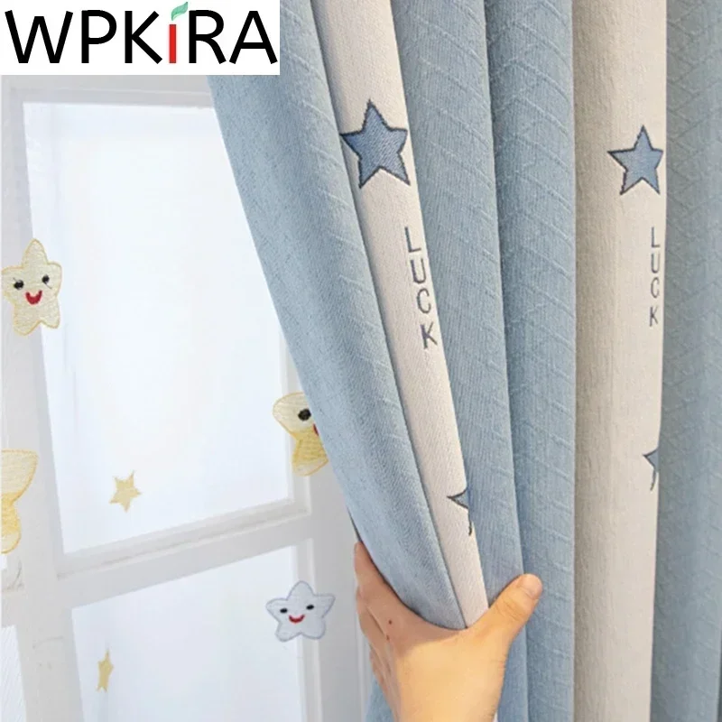 

Cartoon Stars Cotton Linen Blue Pink Blackout Curtain for Kids Girls Bedroom Fashion Stitching Stripes Drapes Window Treatment