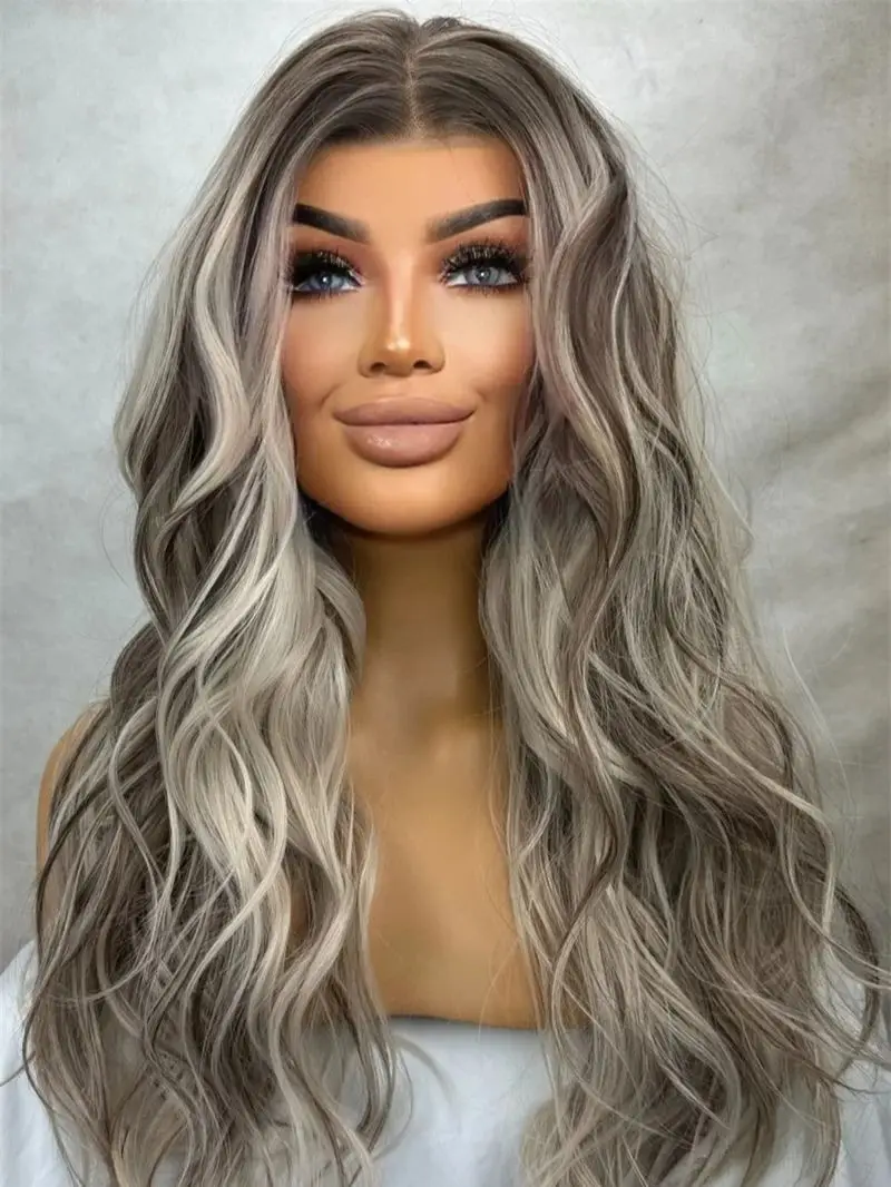 

Party Cosplay Daily Wigs Ombre Ash Grey Blonde HD Lace Frontal Wig with Roots Top Synthetic Wig 150% Density 26'' Long Wave Wig