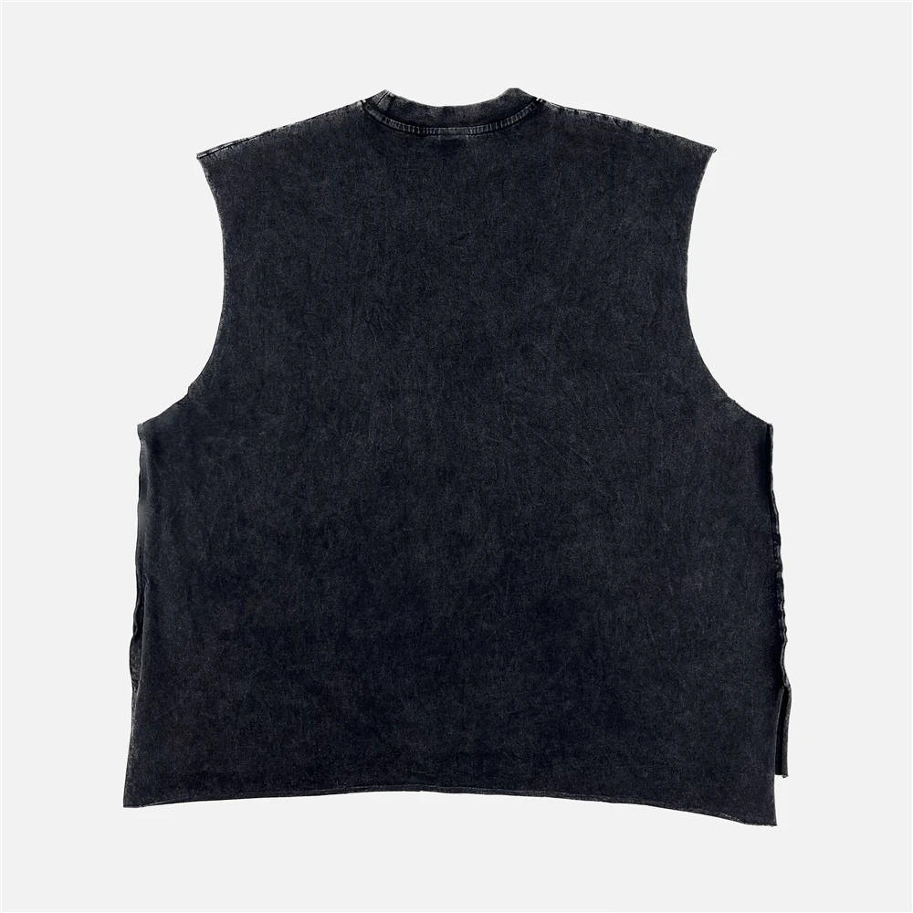 Oversize Washed Cotton Panelled Tank Tops For Men Sleeveless Cropped T-Shirt Hip Hop Streetwear