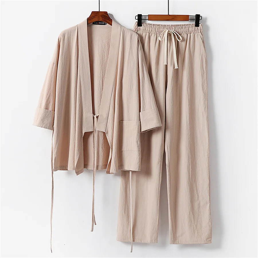 Niebieskie męskie letnie lniane zestawy dwuczęściowe Sznurowane topy kimono i długie spodnie Męski garnitur Hanfu Tang Plus Size