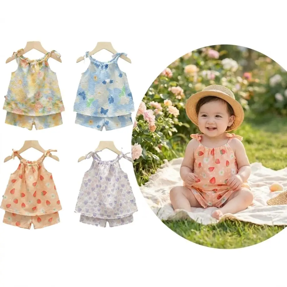 Sleeveless Top Girls Kids Sling Shorts Set Tie Shoulder Straps Elastic Waistband Waistcoat Skirts Two Piece Set