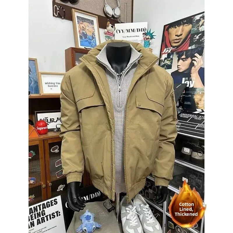 

Thiened, осенне-зимняя мужская куртка-пилот, свободная рабочая одежда с воротником-стойкой, хлопковое пальто, теплая верхняя одежда, молния из полиэфирного волокна...