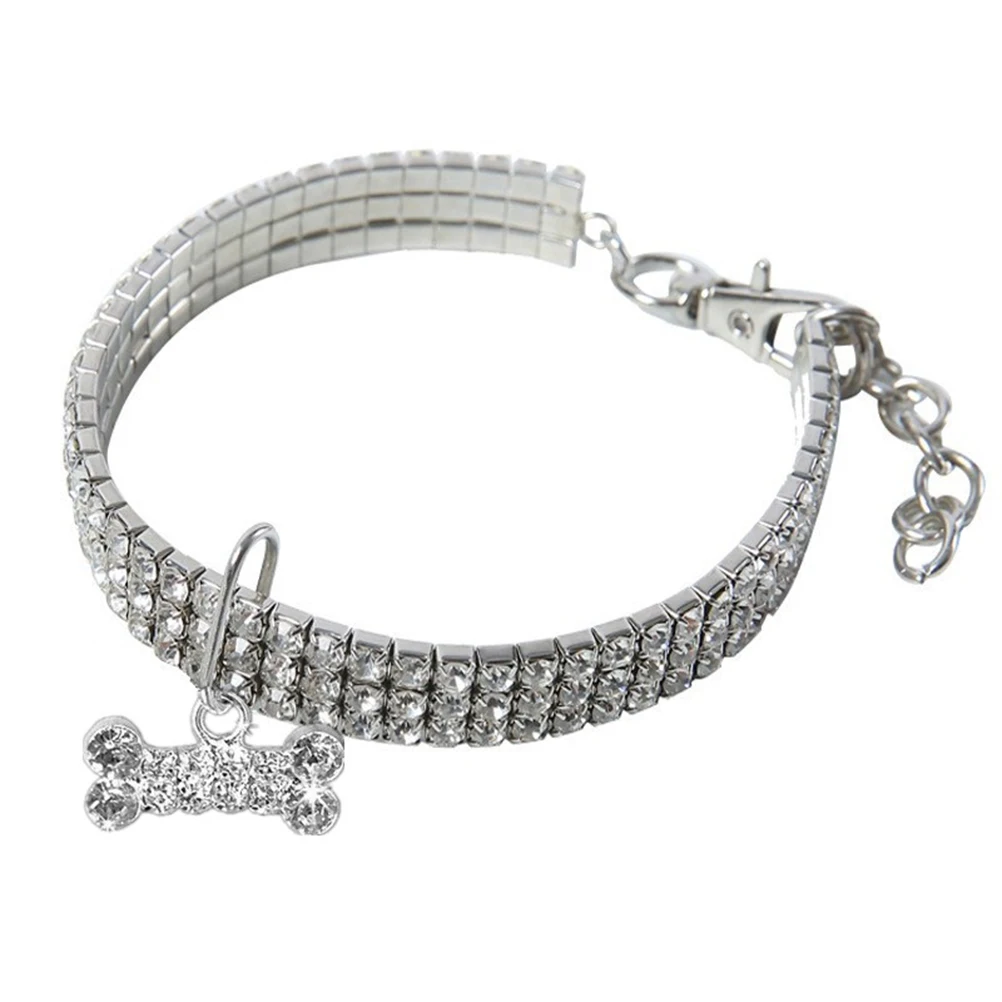 

1pc Rhinestone Dog Collar Elastic Pet Neckchain Bone Charm Bright Fashion Design For Cat Small Pets 20Cm+5Cm