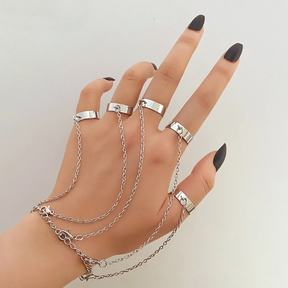 Punk Style Chain Rings Open Cuff Adjustable Alloy Finger Jewelry for Men Women Retro Finger Jewelry Decor