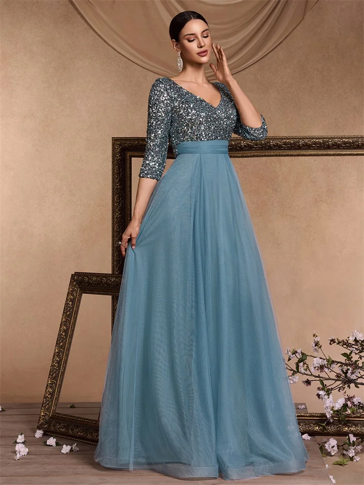 XUIBOL Elegantes Abendkleid mit V-Ausschnitt und langen Pailletten in Blau 2024, Damen-Meerjungfrau-formales Kleid mit langen Ärmeln, Hochzeit, Party, Maxi-Abschlussballkleid