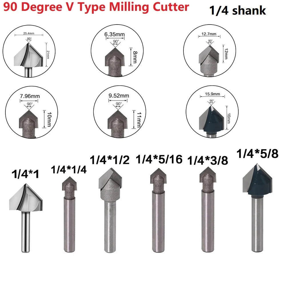 Drill Bit Router Bits High Strength Set 1/4inch 6.35mm 42-53mm 90 Degree Bevelling Solid Hardened Steel V Groove
