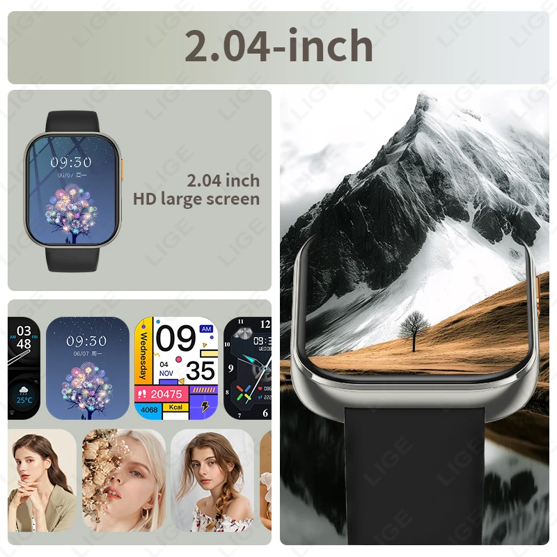 LIGE 2025 1000mAh Battery Men Women Smart Watch 2.04" HD Large Screen Flashlight Hear Rate Bluetooth Call Smartwatch 100+ Sports