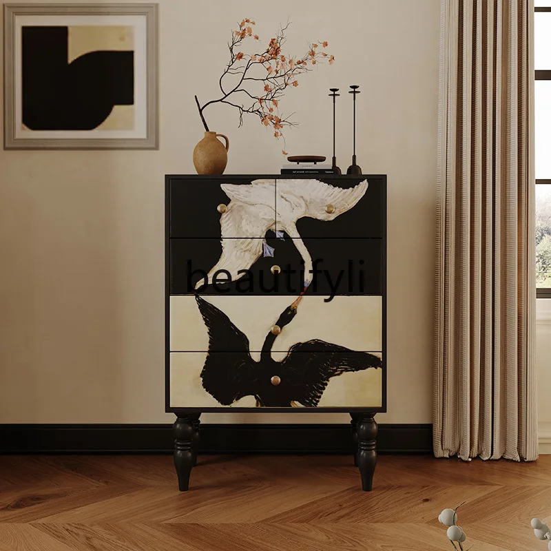 

French retro chest, black and white cabinet, living room dining side, solid wood storage, household storage cabinet