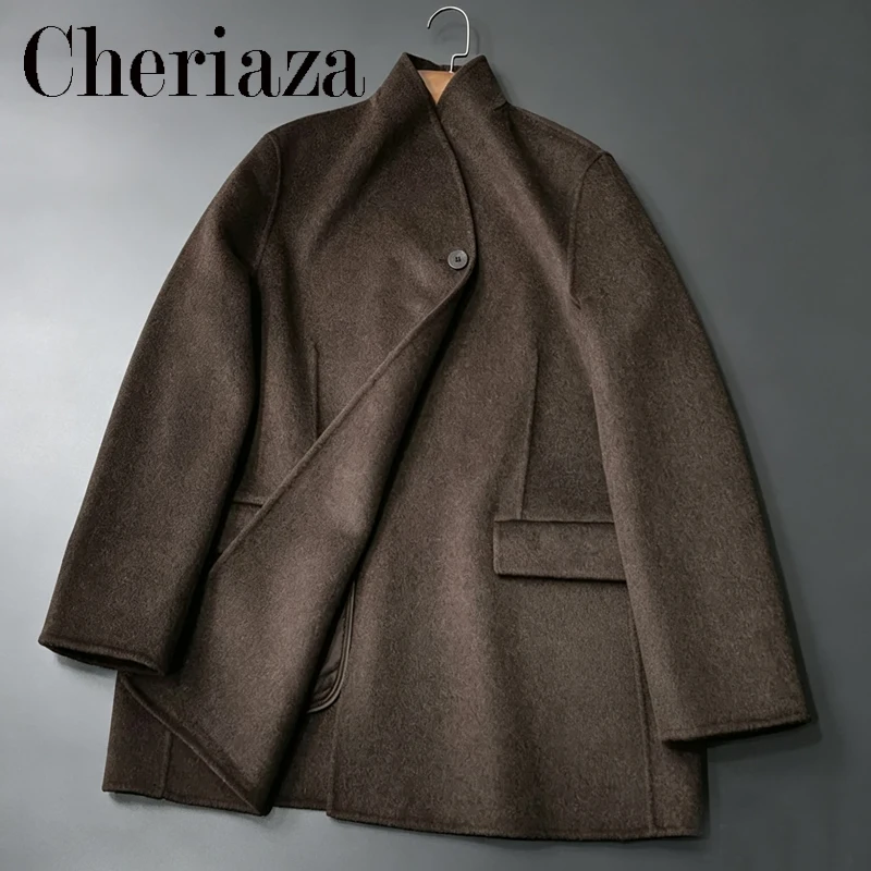 Women's Short Woolen Suit Jacket with V-Neck Stand Collar