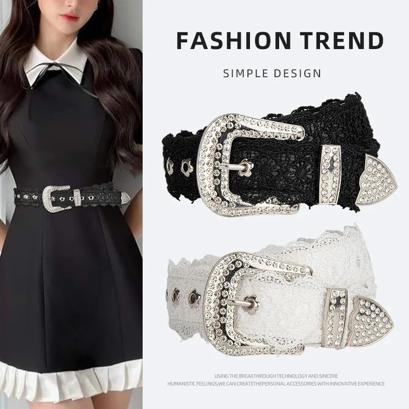 

New Luxury Lace Cowhide Needle Buckle Belt for Girls Star-studded Rhinestone Decorated Jeans Dress Genuine Leather Women's Belt