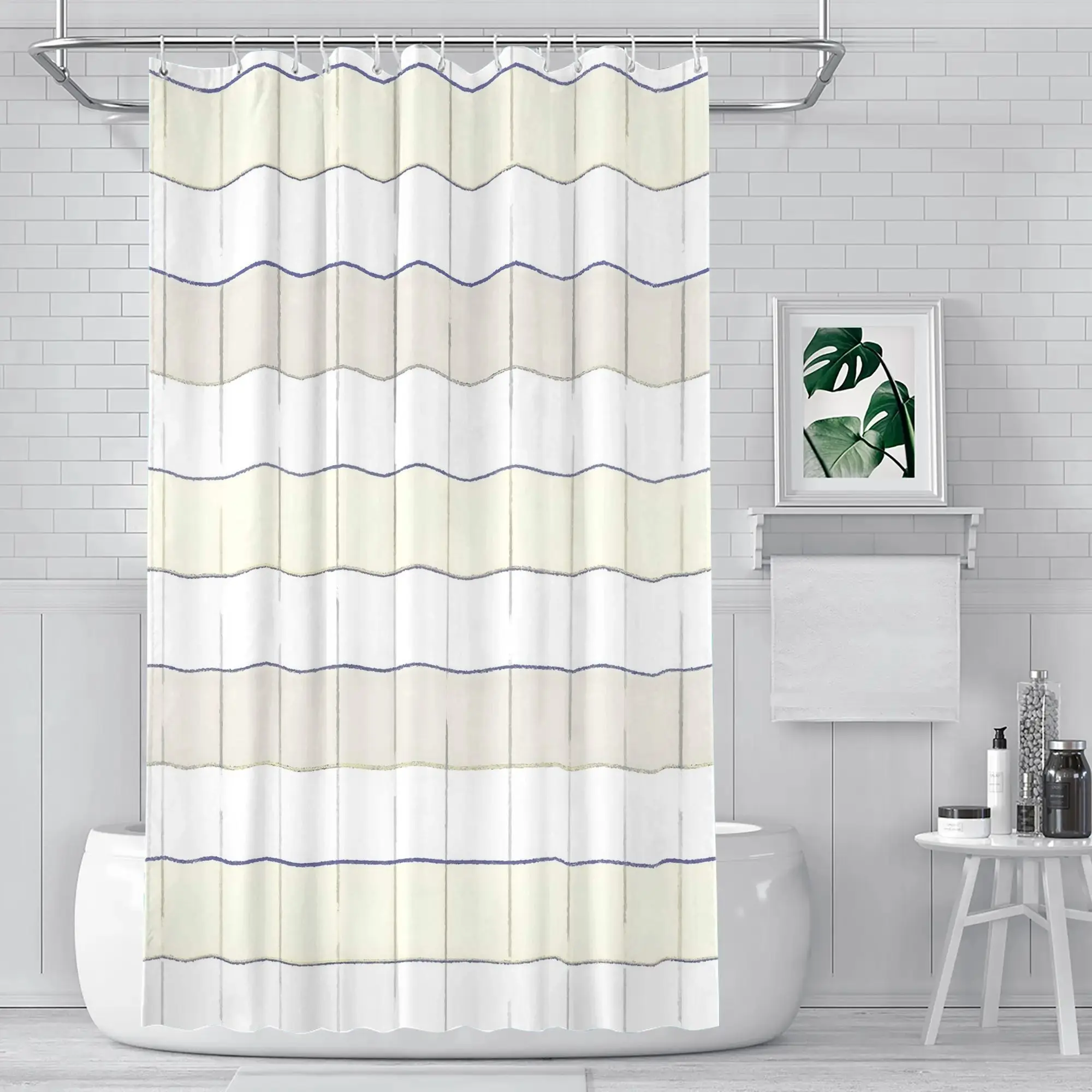Waterproof Striped Shower Curtain Beige Neutral Modern Bathroom Decor Shower Liner for Tub and Shower Room