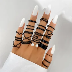 22PCS/Set Goth Black Color Hollow Out Finger Rings for Women Girls Geometric Goth Love Heart Spiral Knuckle Ring Set Jewelry